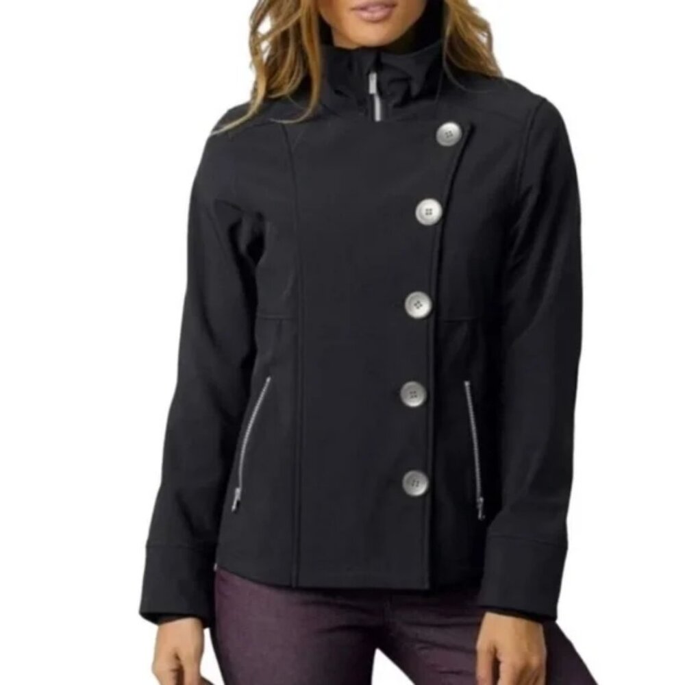 PrAna Pea coat Soft Shell Jacket Black Asymmetrical Button Front Water Repellant